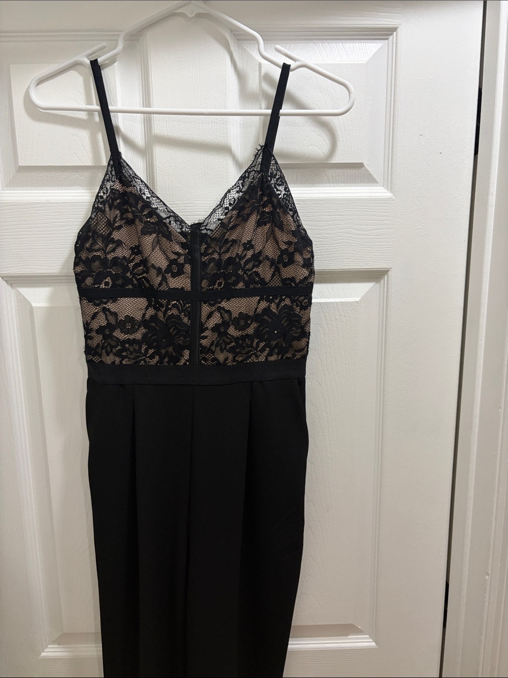 Express Black Lace Bodice Strapless Jumpsuit with Nude Lining